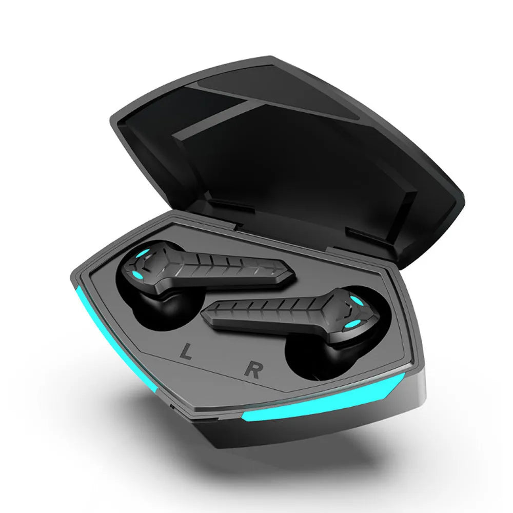 X15 black wireless in-ear Bluetooth gaming headset with charging case on a grey background.