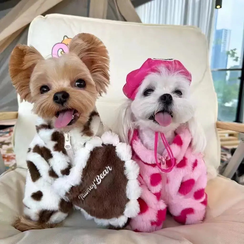 Small dog wearing pink polyester plush warm coat, suitable for Teddy, Bichon and Pomeranian breeds