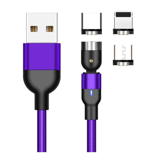 Essager black magnetic USB cable with rotating head and blue LED light, shown connecting to a phone.