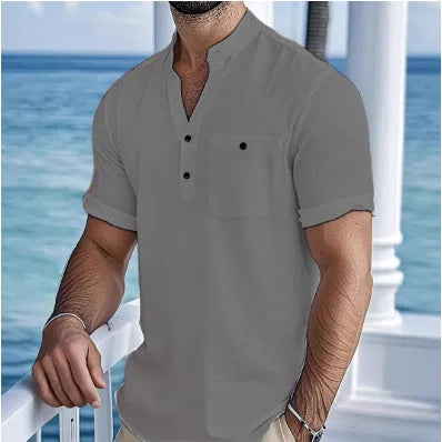 Men's linen blend stand collar short sleeve T-shirt in loose casual fit