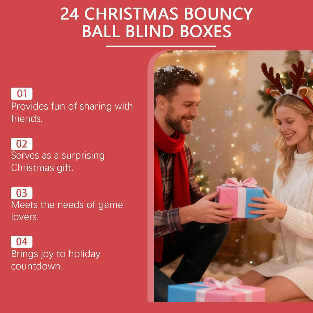 24 Christmas bouncy ball blind boxes in bulk pack with festive designs on rubber balls