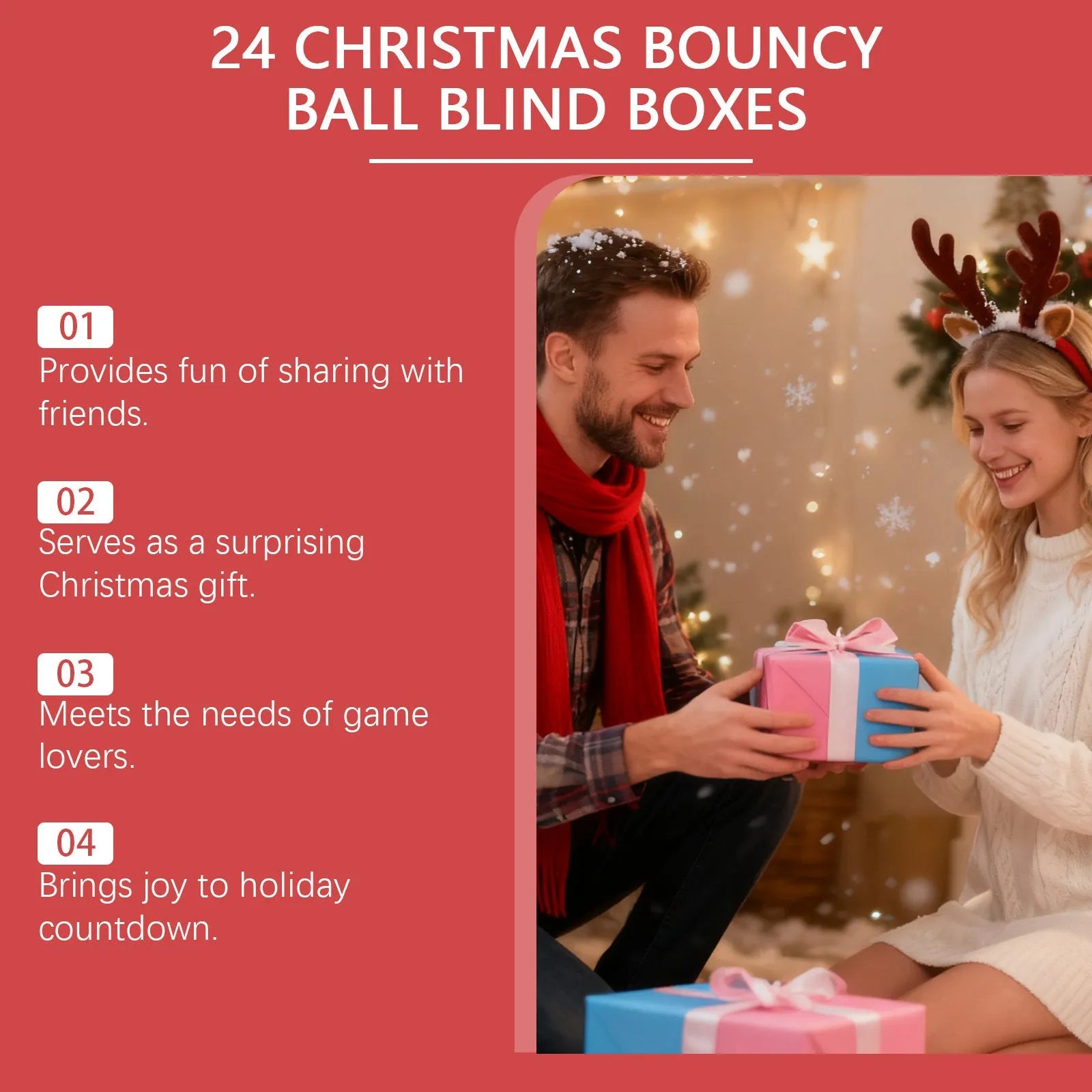24 Christmas bouncy ball blind boxes in bulk pack with festive designs on rubber balls