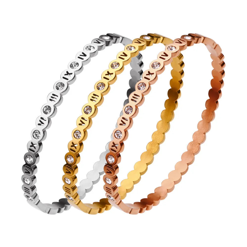 Korean style titanium steel bracelet with number elements in gold rose gold or steel colour