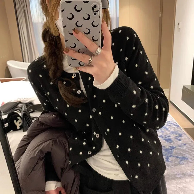 Women's Korean-inspired grey dot pattern knitted cardigan with crocheted flower details and long sleeves