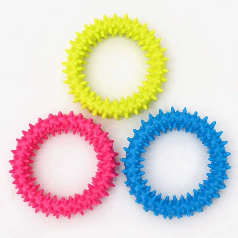 TPR spiky circle ring dog chew toy with dental cleaning nubs in blue colour