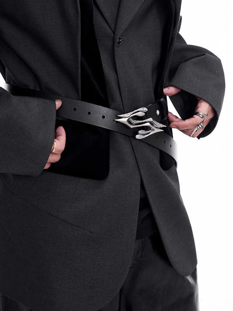 Men's black two-layer cowhide leather belt with a metal letter buckle, 110cm long.
