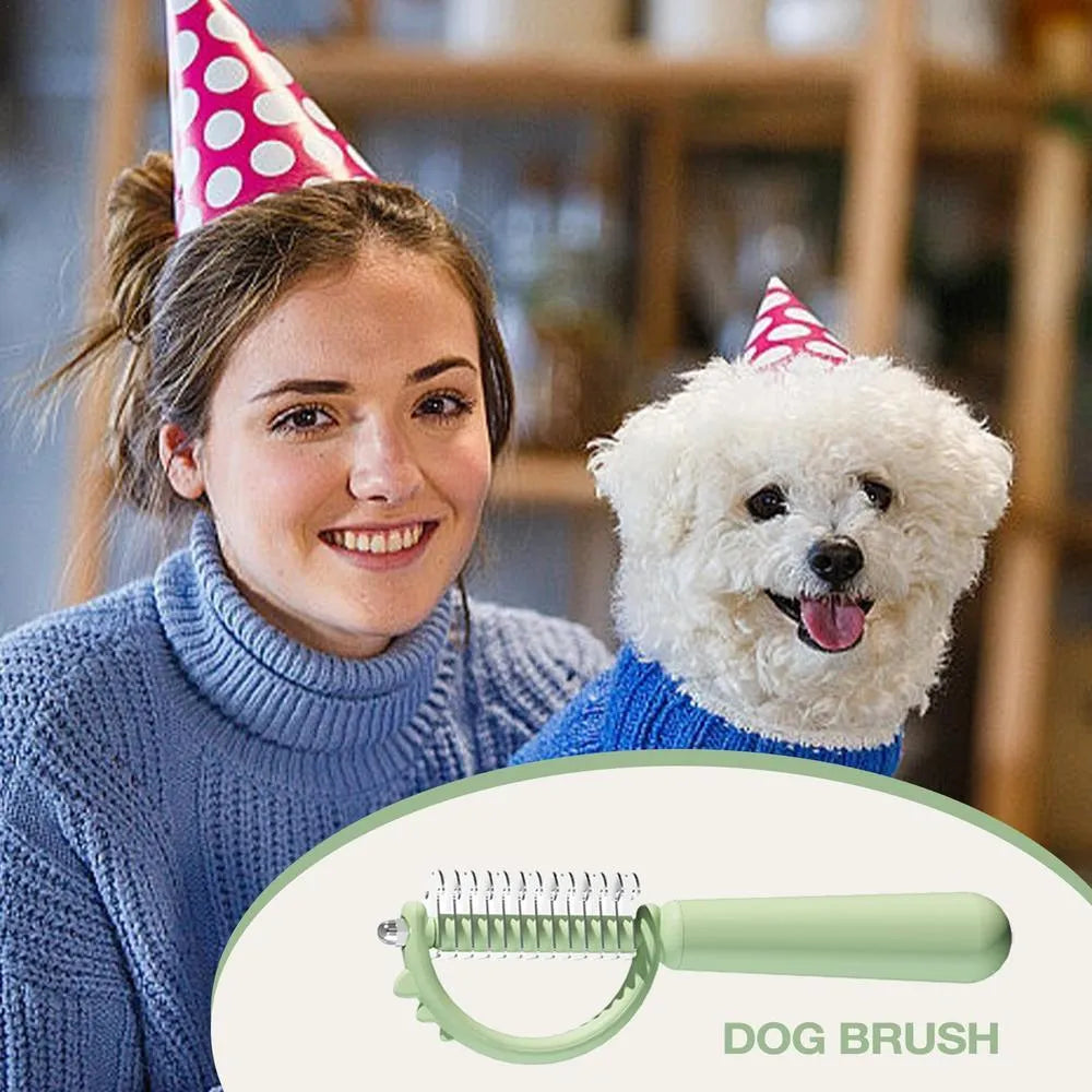 Blue dinosaur-shaped cat brush with stainless steel bristles and self-cleaning button