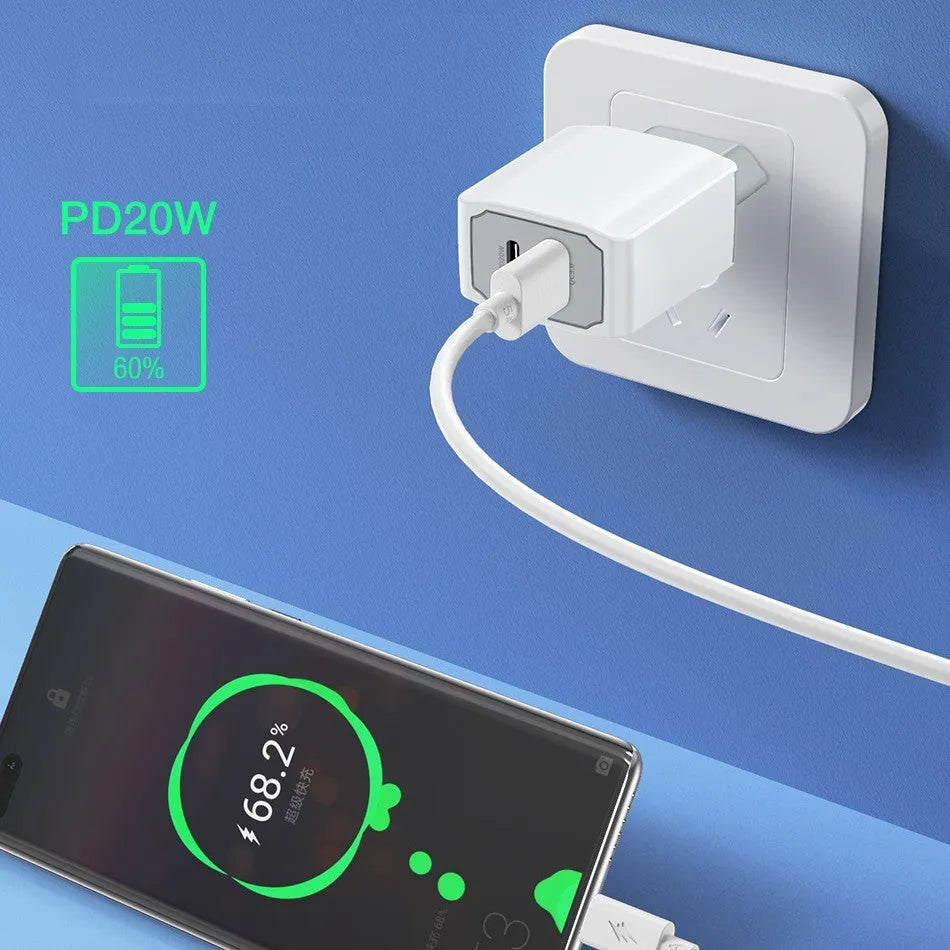 White European fast charger set with ABS PC housing showing 42mm compact dimensions