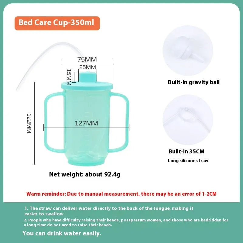 PP plastic anti-choke drinking cup with slanted mouth, handle, and lid for bed care.
