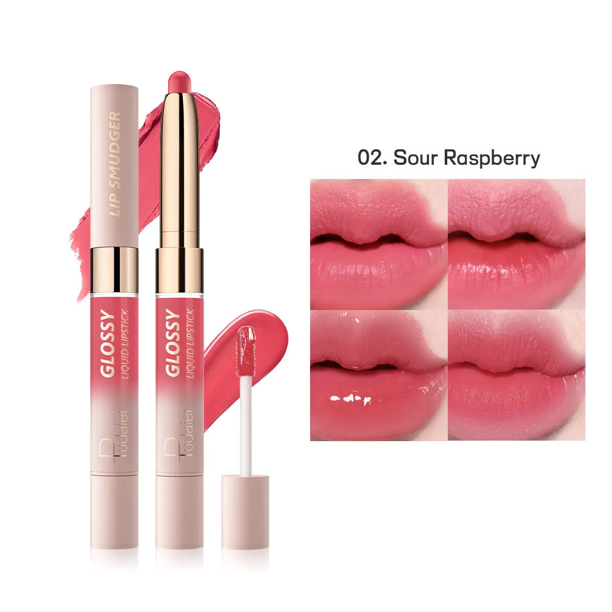 Double-headed lipstick and lip gloss cosmetic product showing matte finish with ten colour options
