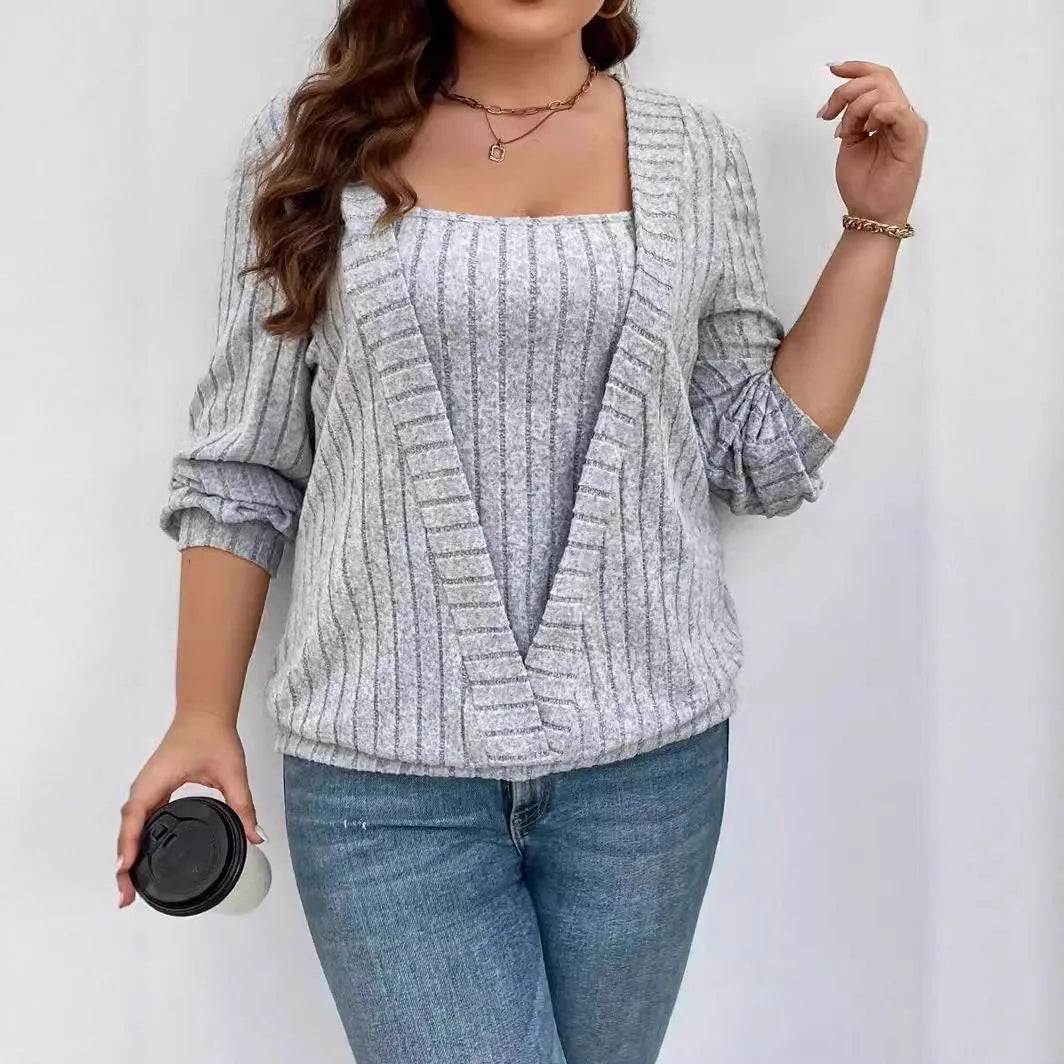 Solid colour V-neck false two-piece suit with long sleeves in polyester rib fabric