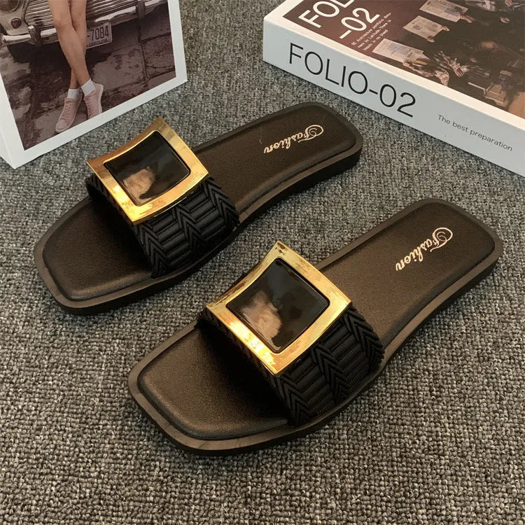 Women's casual summer flat slippers in apricot, black, or khaki with waterproof PVC soles