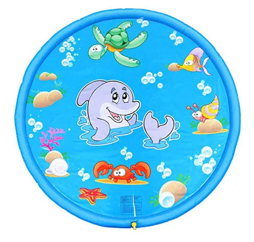 Blue PVC children's water spray play mat with marine animal designs for garden sprinkler play