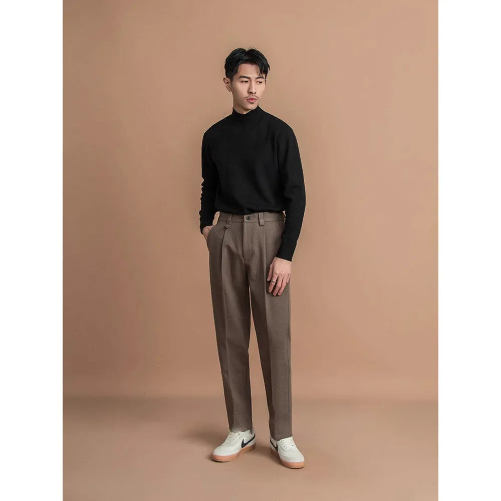 Men's straight-leg business casual trousers in draped style showing four colour options