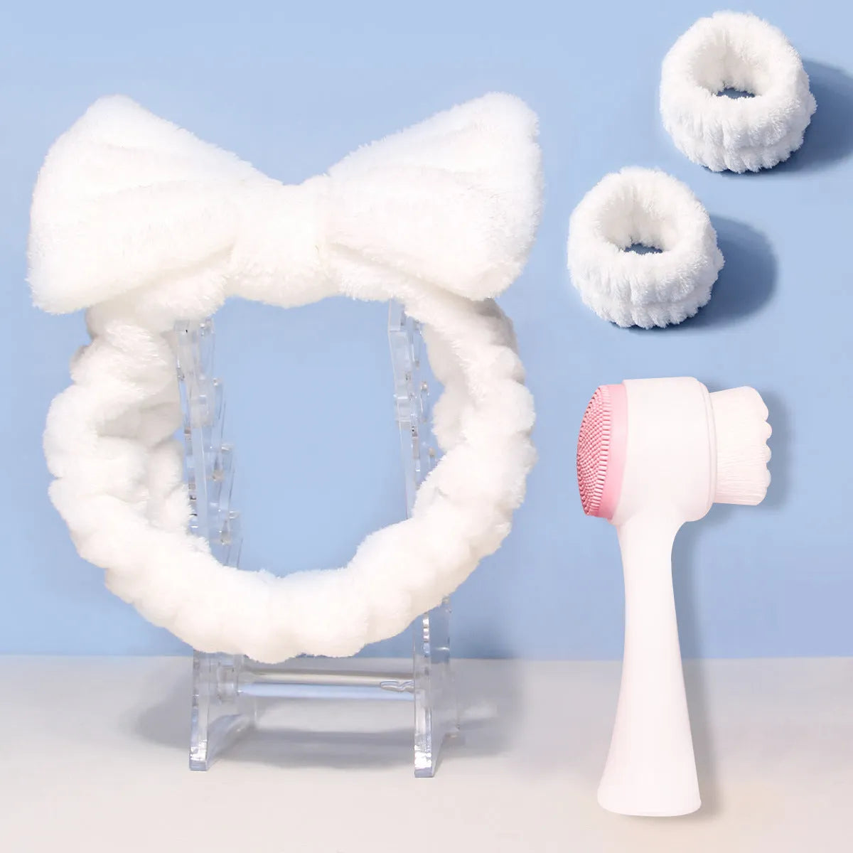 Facial brush set with coral fleece hair band and nylon bristle brush in multiple colour options
