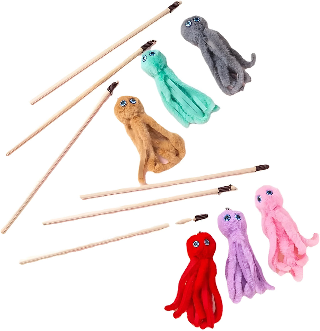 Colourful octopus cat toy on a long stick for indoor kittens and cats