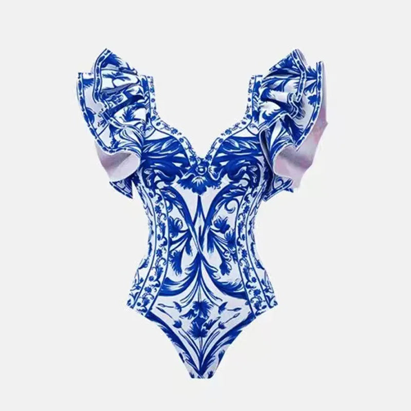 Women's printed one-piece swimsuit with a matching skirt cover-up in a rose pink floral pattern.