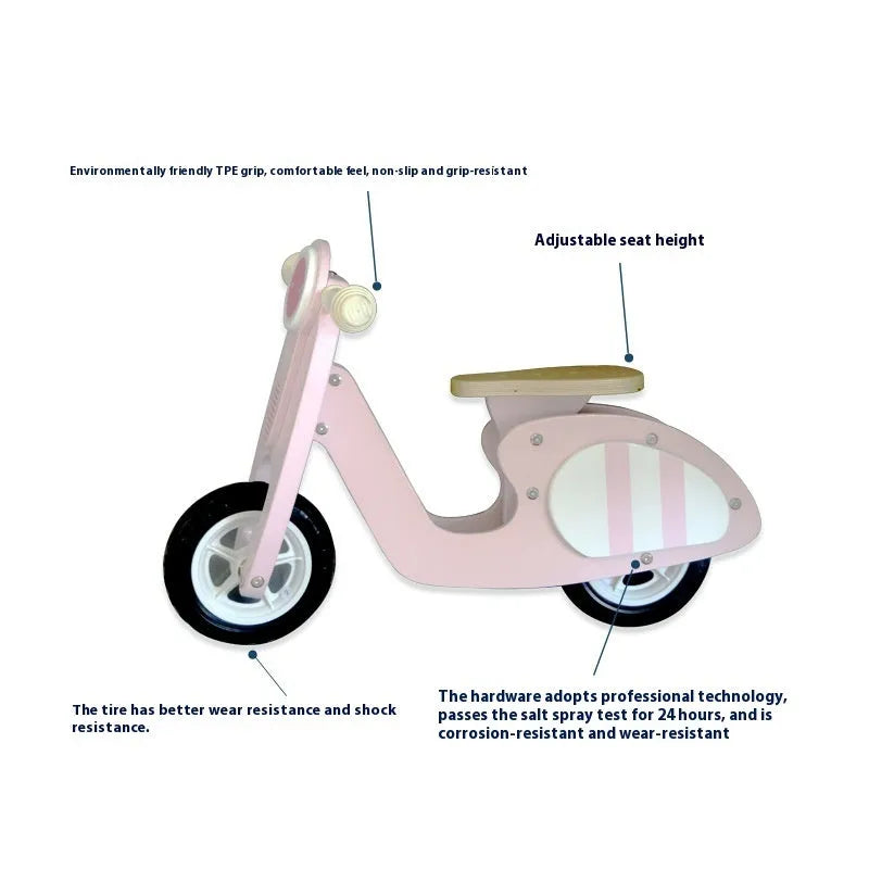 Pink wooden toddler balance scooter with a 10-inch wheel for children aged 1 to 6 years.