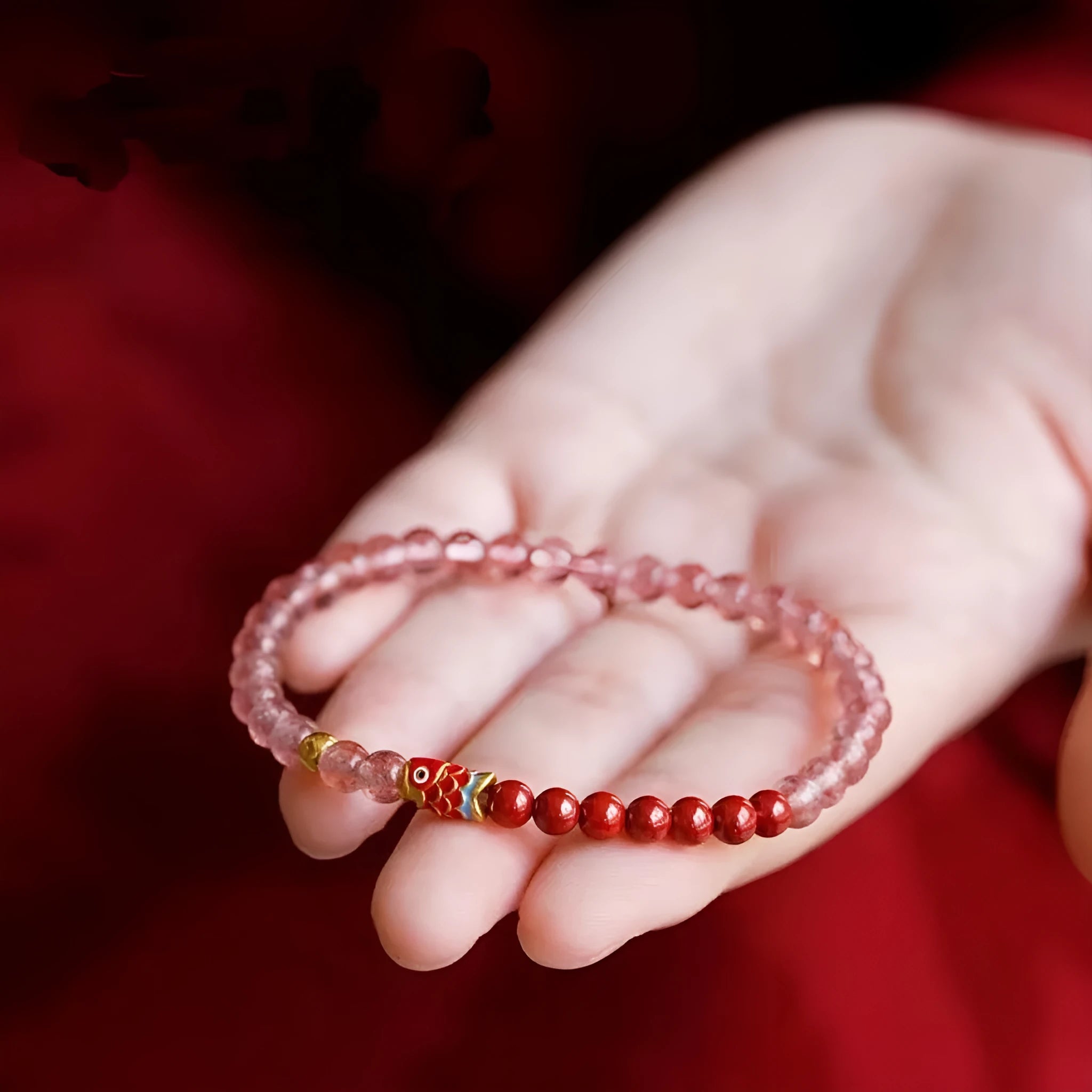 Purple cinnabar and strawberry quartz bead bracelet on adjustable cord for women