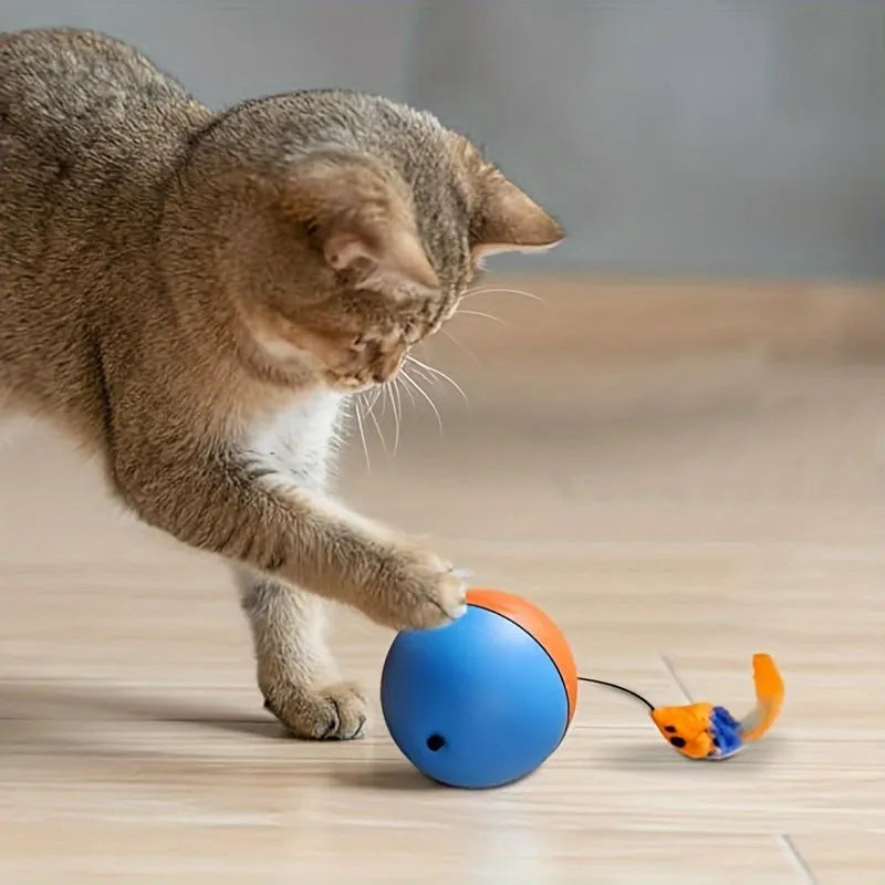 Interactive cat toy with ball and plush mouse in grey or orange, dimensions 8.5cm