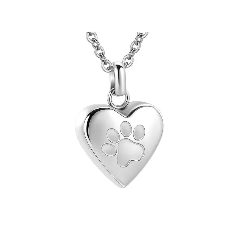 Openable heart-shaped titanium steel memorial necklace with love paw print design in silver finish.