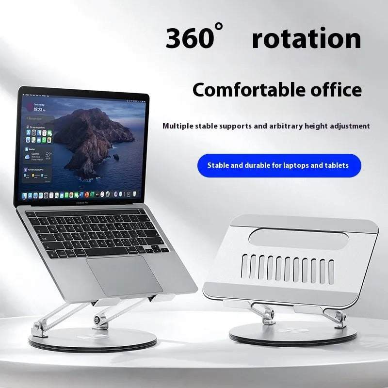 Silver aluminium alloy laptop stand showing height adjustment and rotation features