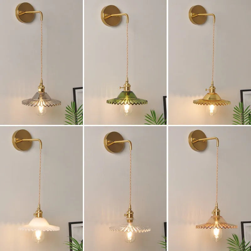 Brass lotus wall lamp with glass shade in six colour options