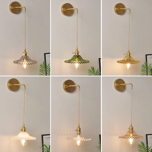 Brass lotus wall lamp with glass shade in six colour options