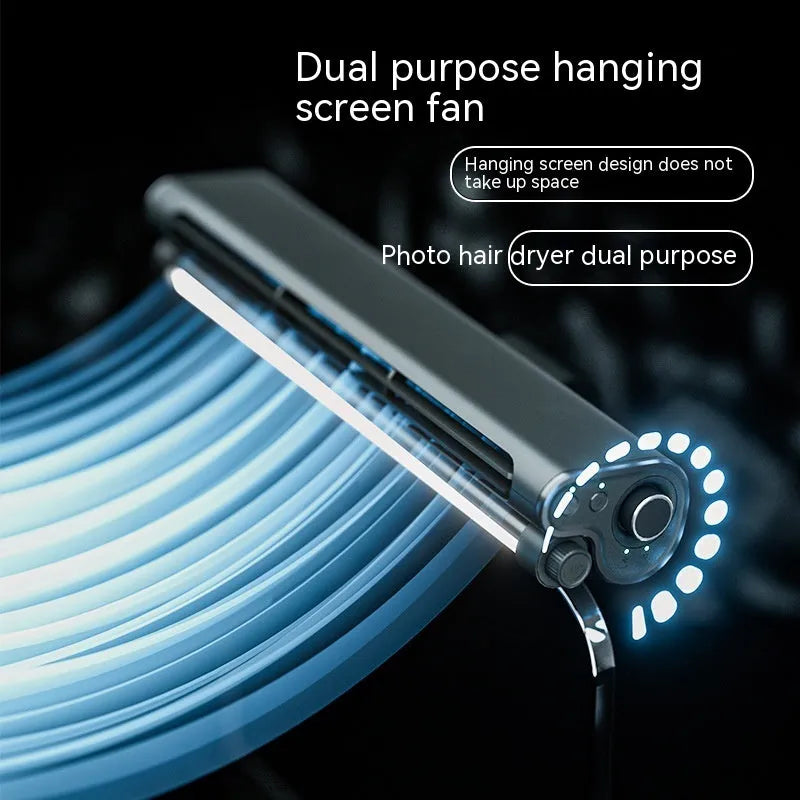 Black bladeless USB clip fan with LED light mounted on laptop screen showing compact design