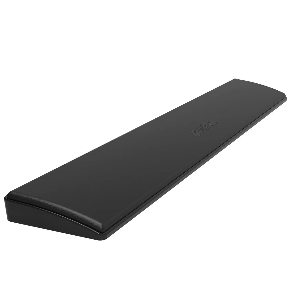 Black gaming keyboard wrist rest with USB cable on a desktop, showing anti-slip silicone base.