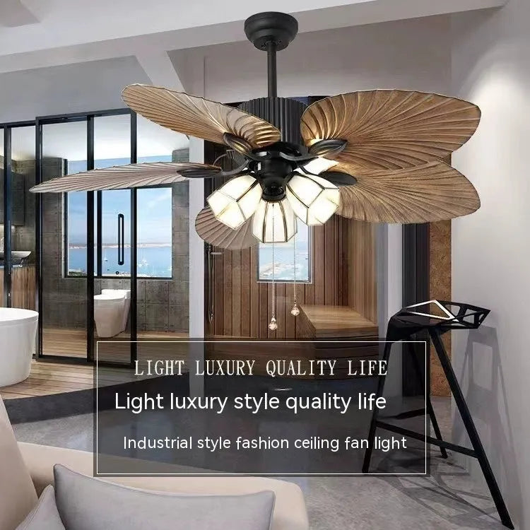 52-inch retro style ceiling fan light with wooden blades and integrated lighting fixtures