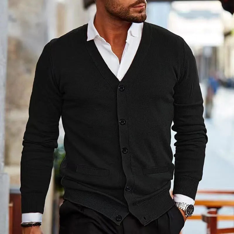 Men's slim fit acrylic cardigan sweater in a range of colours including black, grey, and wine red.