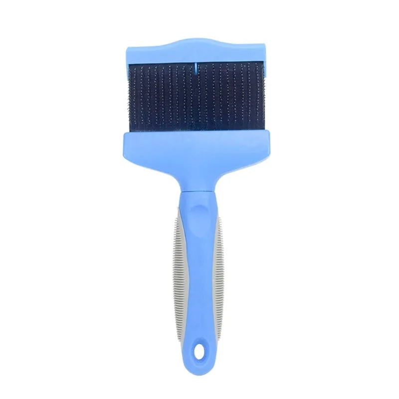 Double-sided stainless steel pet brush with blue handle showing both flexible and firm pin sides