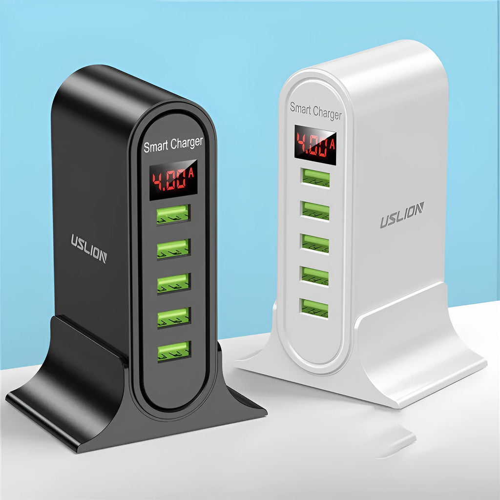 Smart LED digital display USB charger showing voltage and amperage with black or white colour options