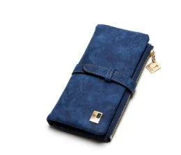 Korean retro matte Pu leather long wallet open showing card slots, note compartment and zip pocket