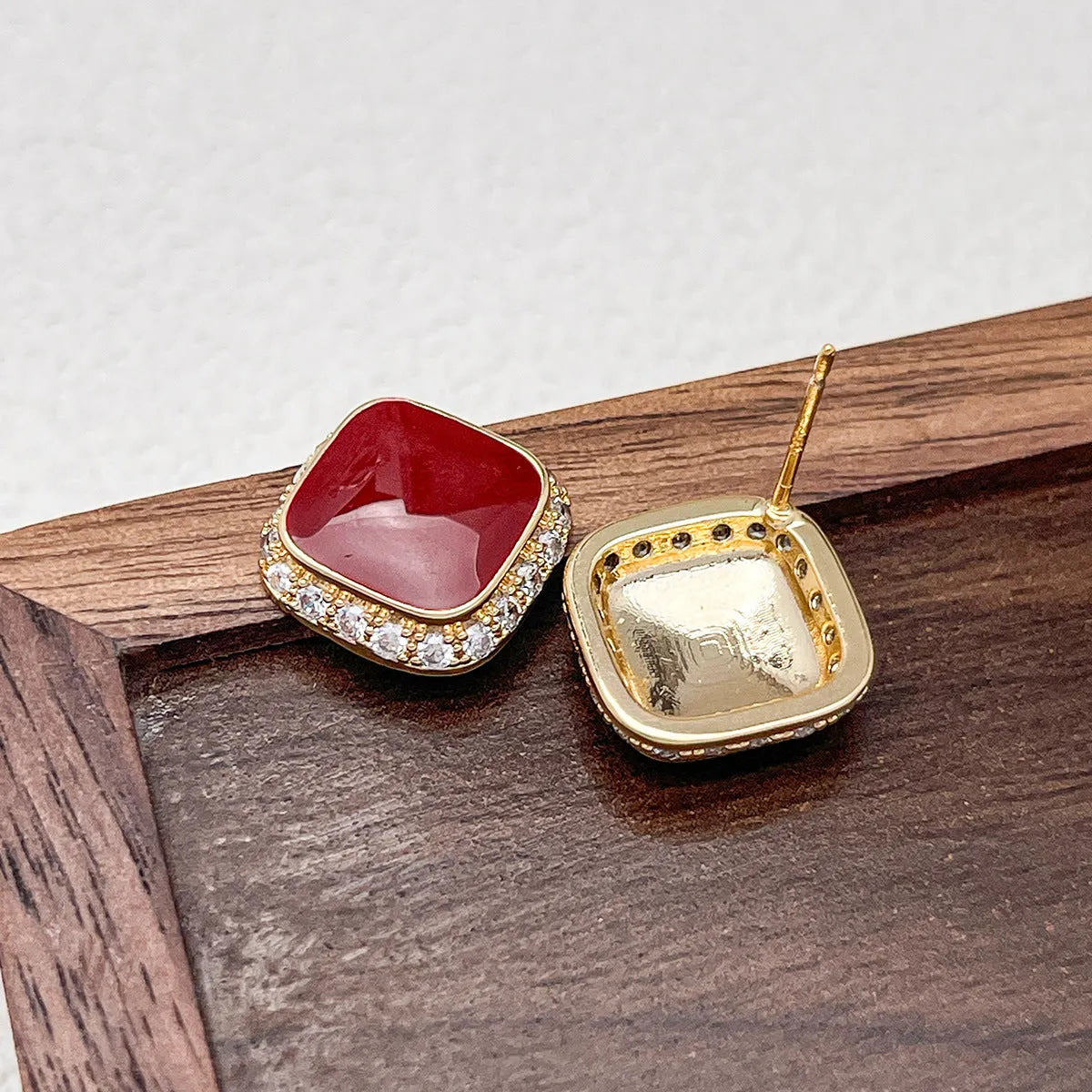 Red alloy square earrings with geometric inlaid design for women