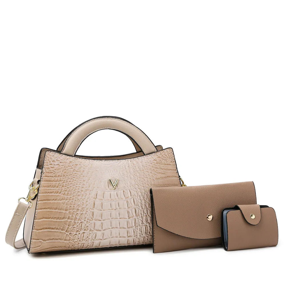 Square vertical women's crossbody handbag in crocodile-print PU leather, showing internal organiser pockets.