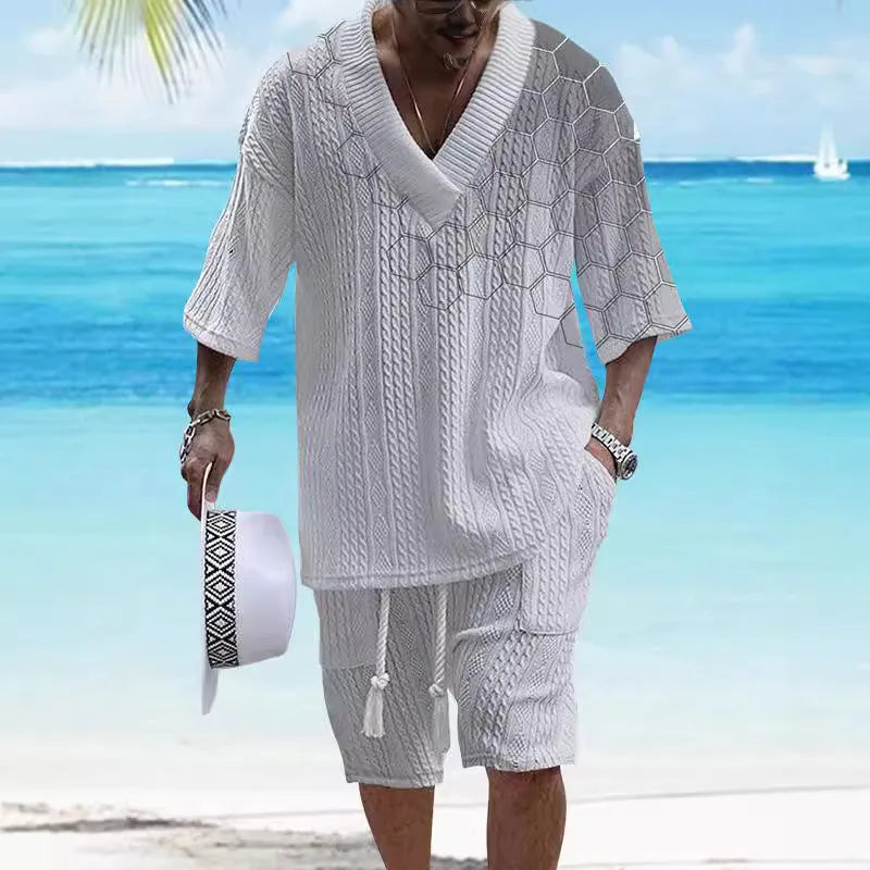 Printed drop-shoulder men's knitted short-sleeved top and matching shorts casual suit set