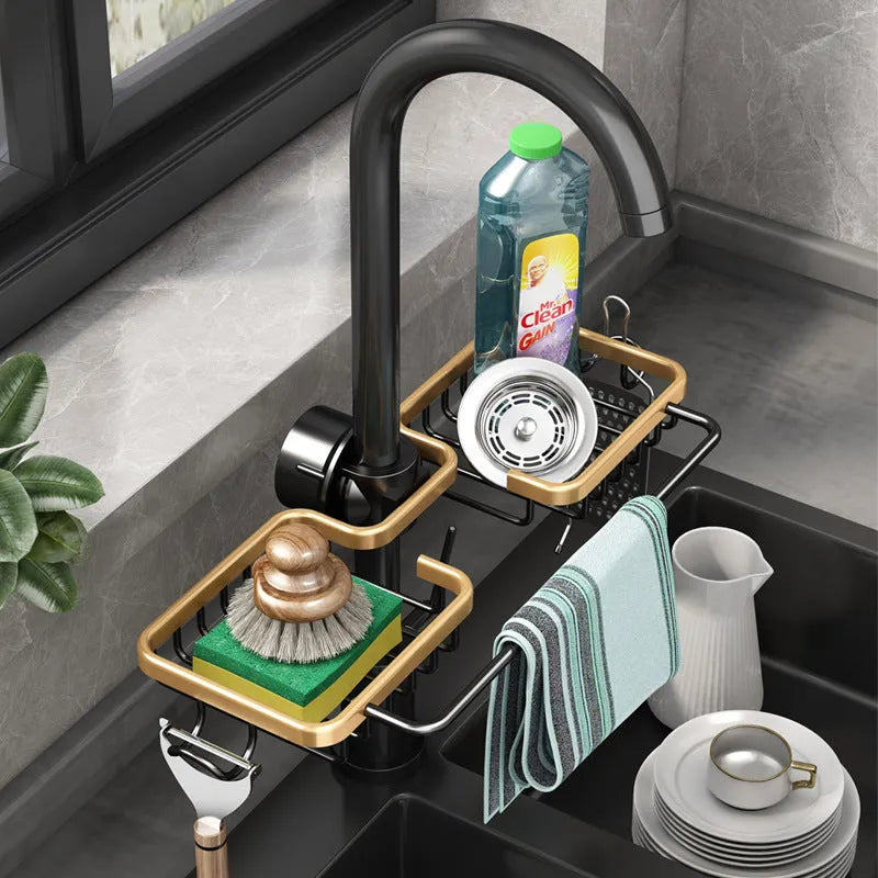 Kitchen storage faucet rack drain basket in space aluminium with no-punching attachment mounted over tap
