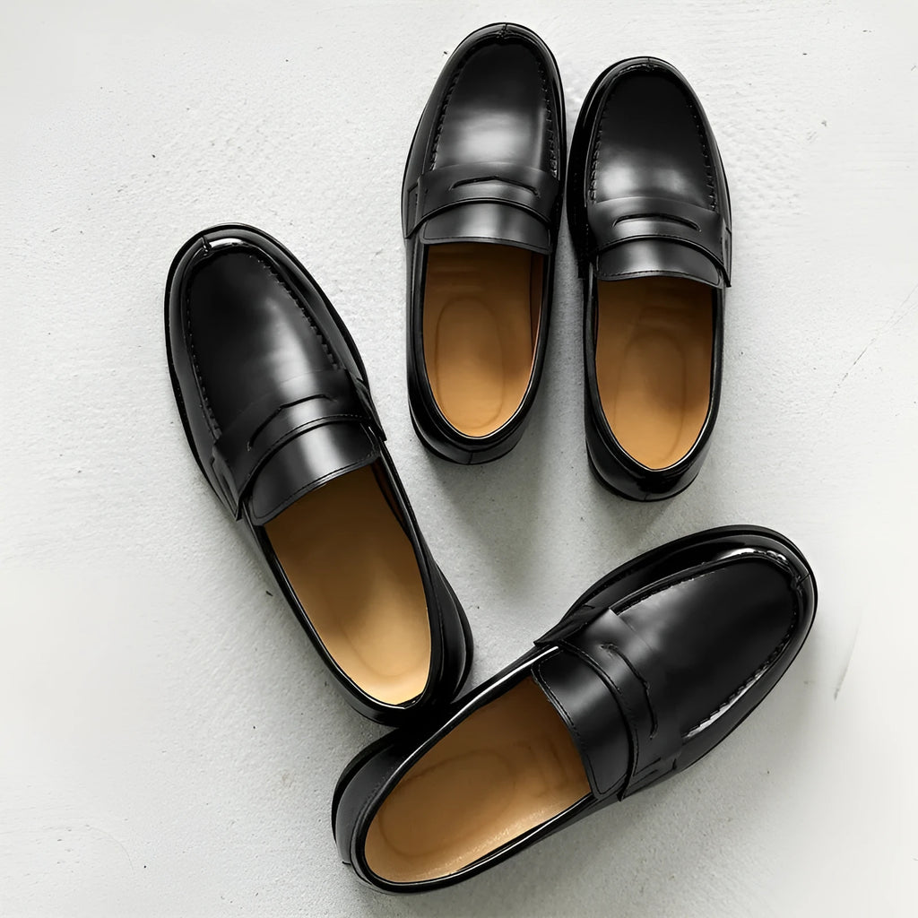 Men's classic black slip-on derby leather shoes with microfiber upper and rubber sole