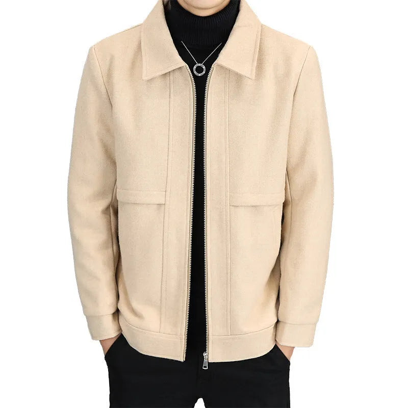 Polo collar casual jacket in khaki colour with side seam pockets and regular length cut
