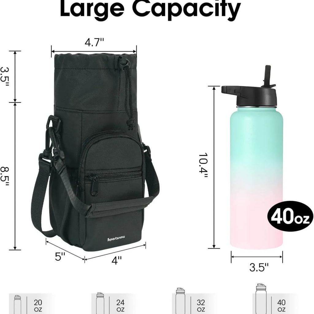 Cloth water bottle shoulder bag with crossbody strap in black, green and pink colour options