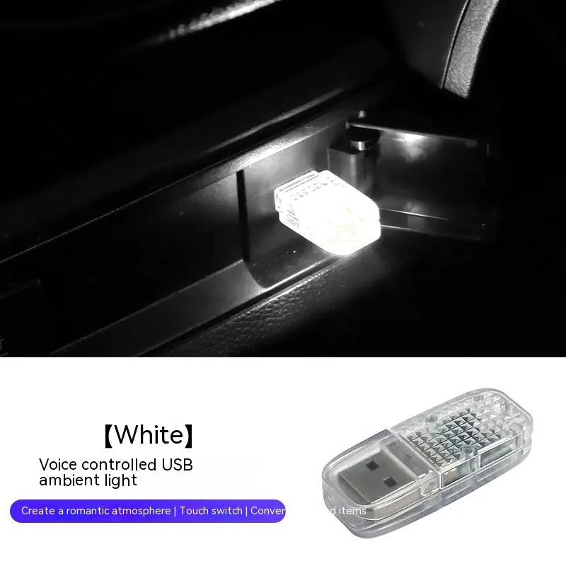 Multi-function USB car atmosphere light showing RGB and solid colour modes on a dashboard.