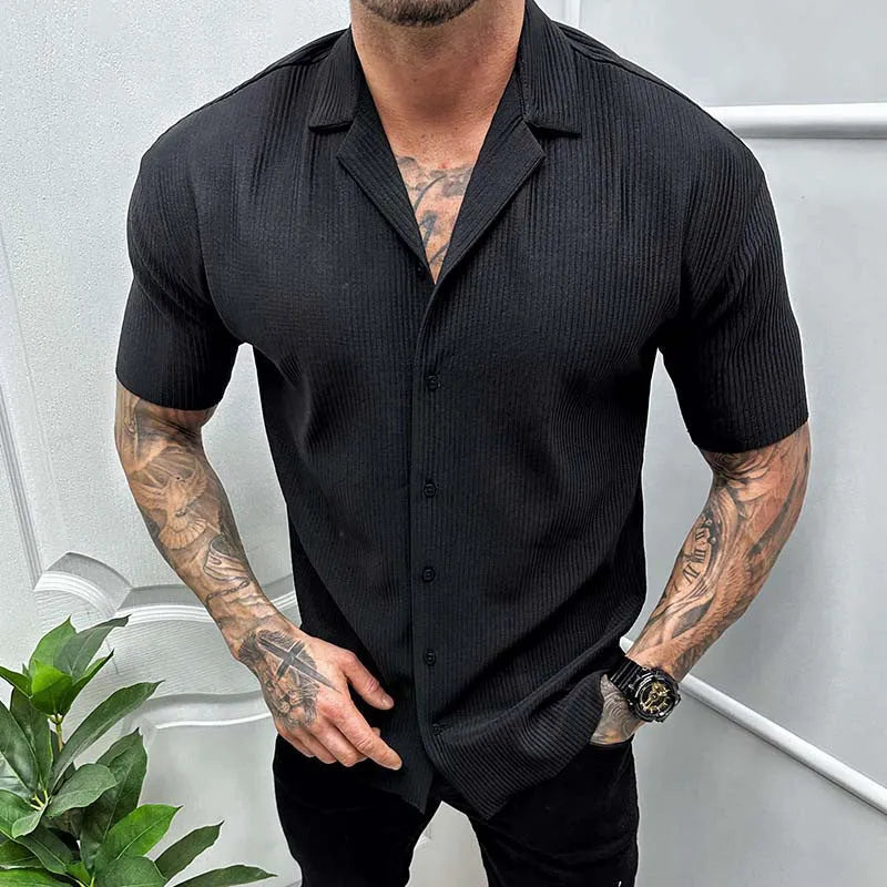 Men's cotton blend short sleeve cardigan in solid colour, front view, available in black