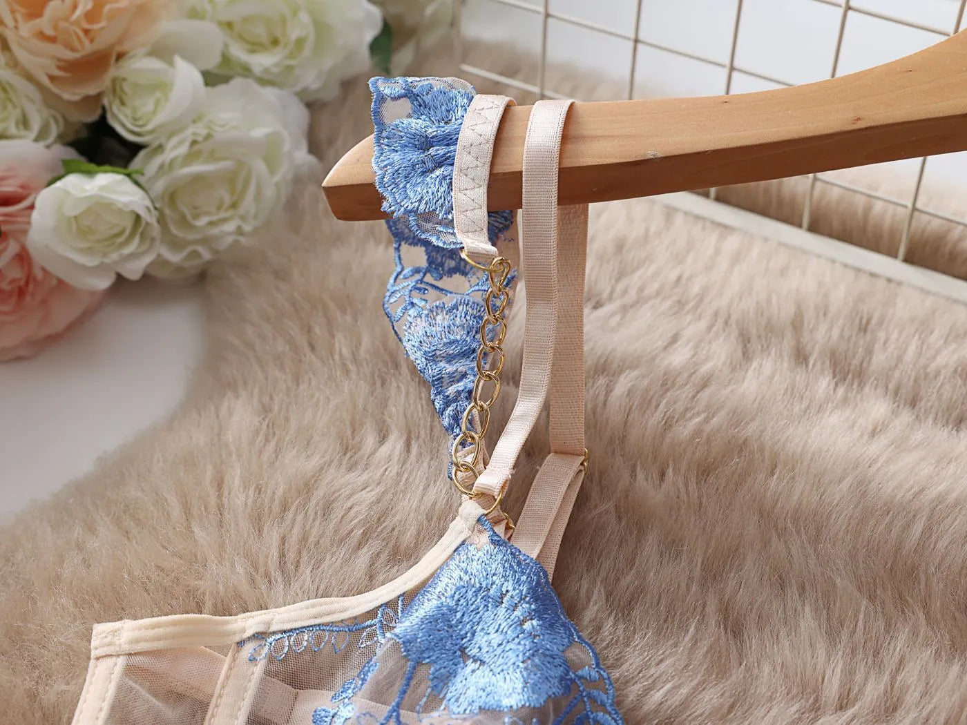 Light blue lace embroidered transparent push up bra set with mesh three-point style for women