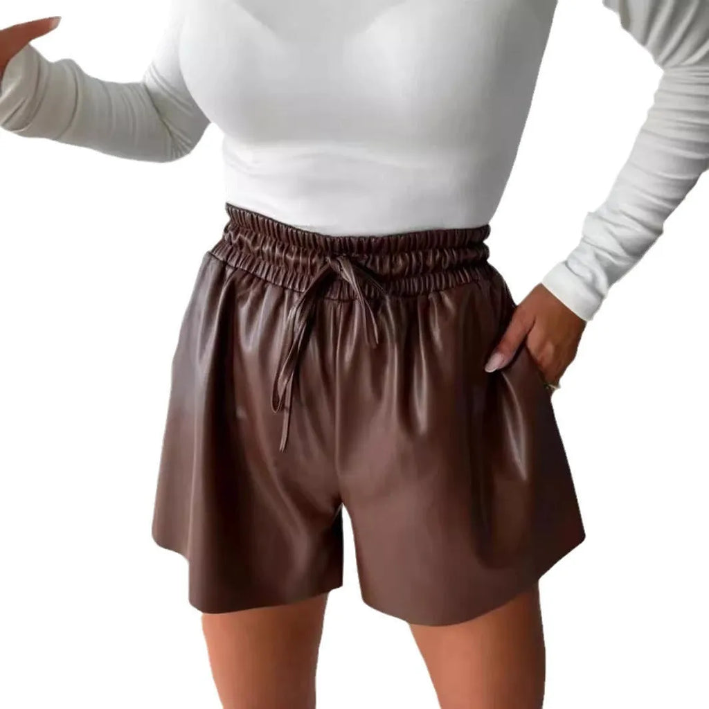 Women's black wide-leg casual shorts with a drawstring lace PU leather front detail.