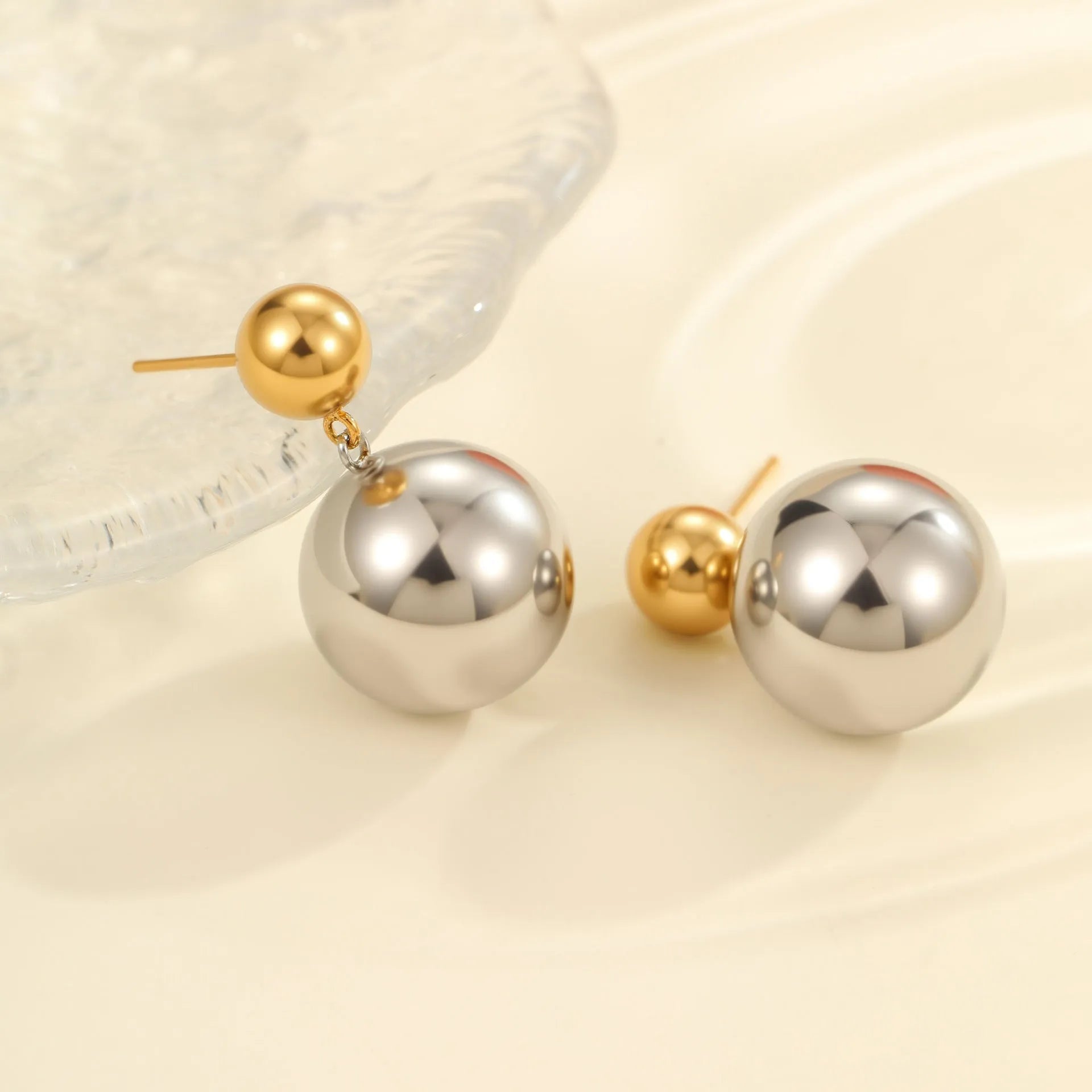 Round beads stainless steel 18K gold electroplated colour-block ear studs geometric sphere shape