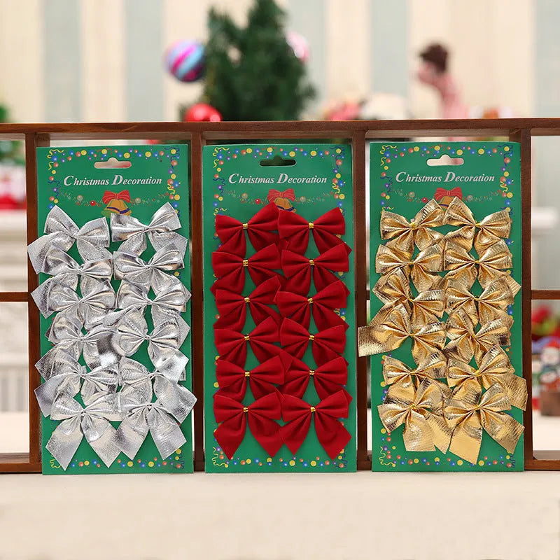 Single 5 cm polyester Christmas decoration bow in a choice of gold, red, red-gold, or silver colours.