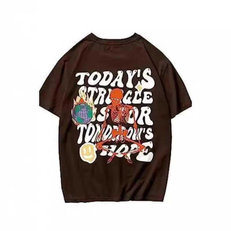 Men's printed short-sleeve street sports t-shirt on a hanger, showing a digital print pattern.