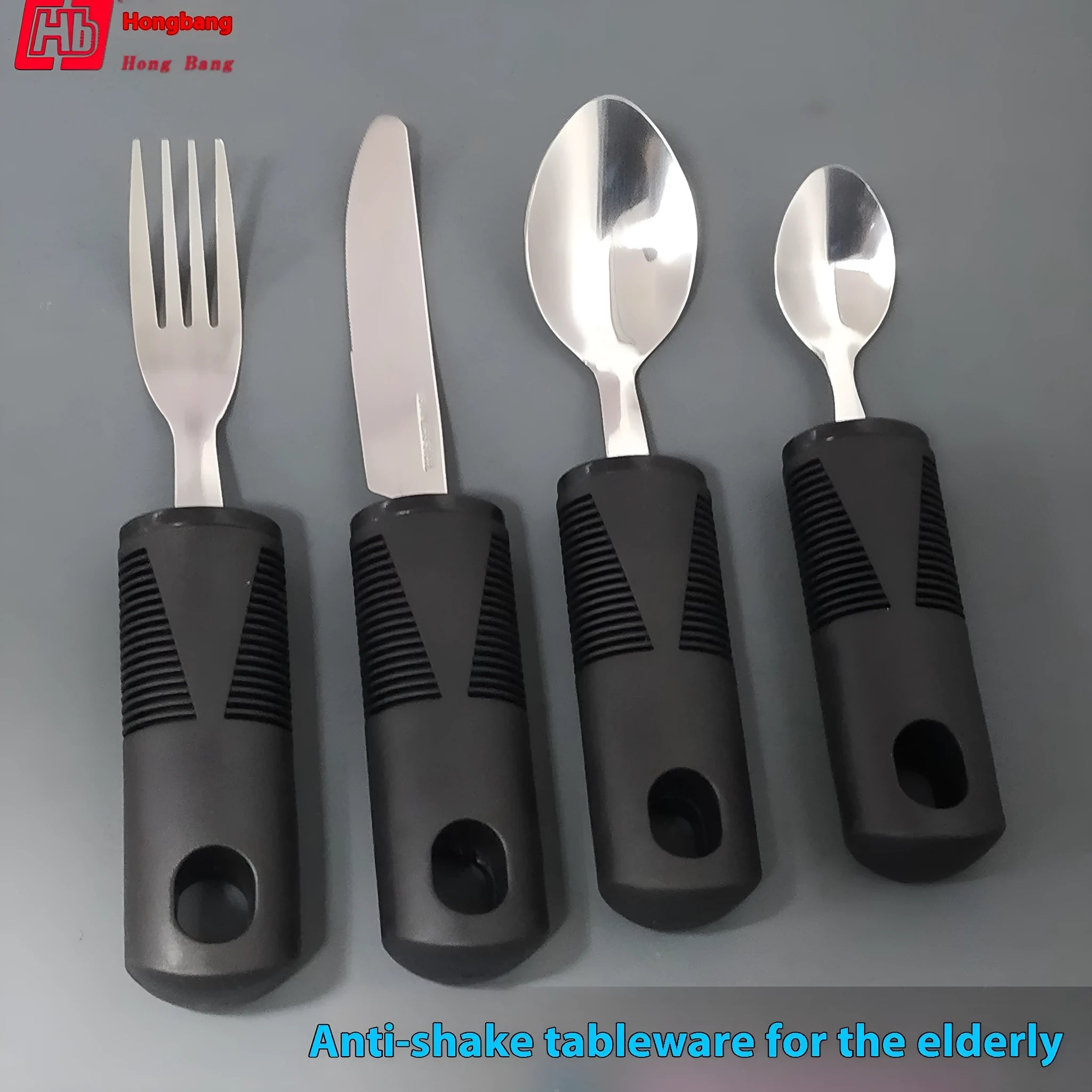 Stainless steel anti-shake cutlery set with curved rubber handles for elderly adult rehabilitation use